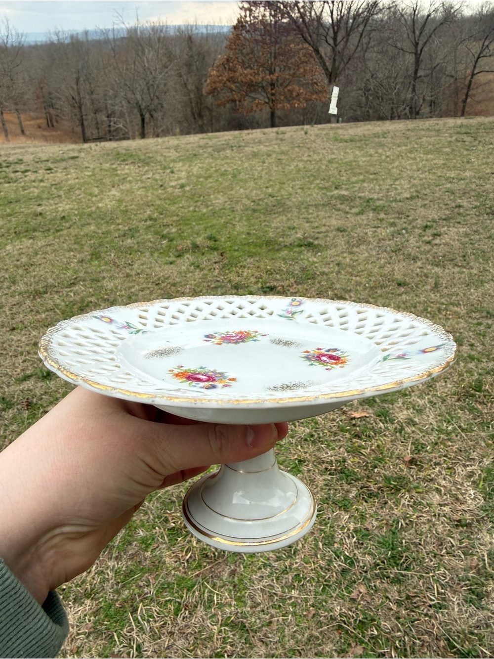 Vintage Porcelain Pedestal Serving Stand in White with Floral Accents